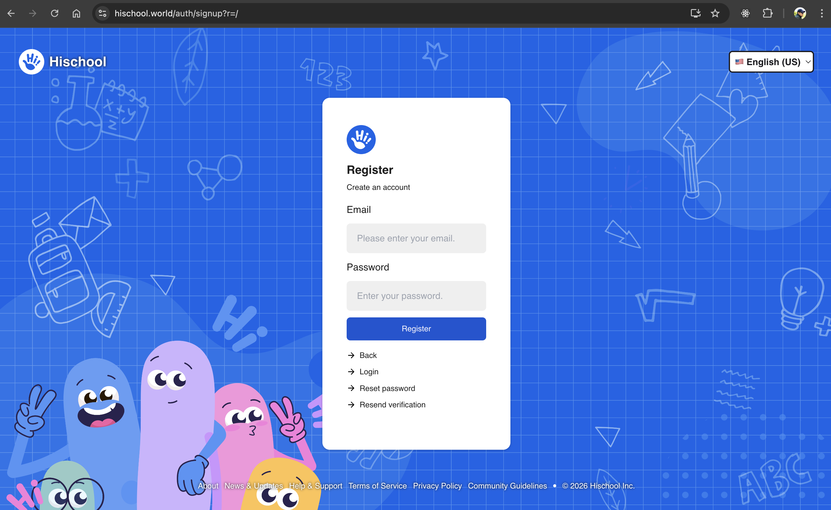 Hischool sign-up page